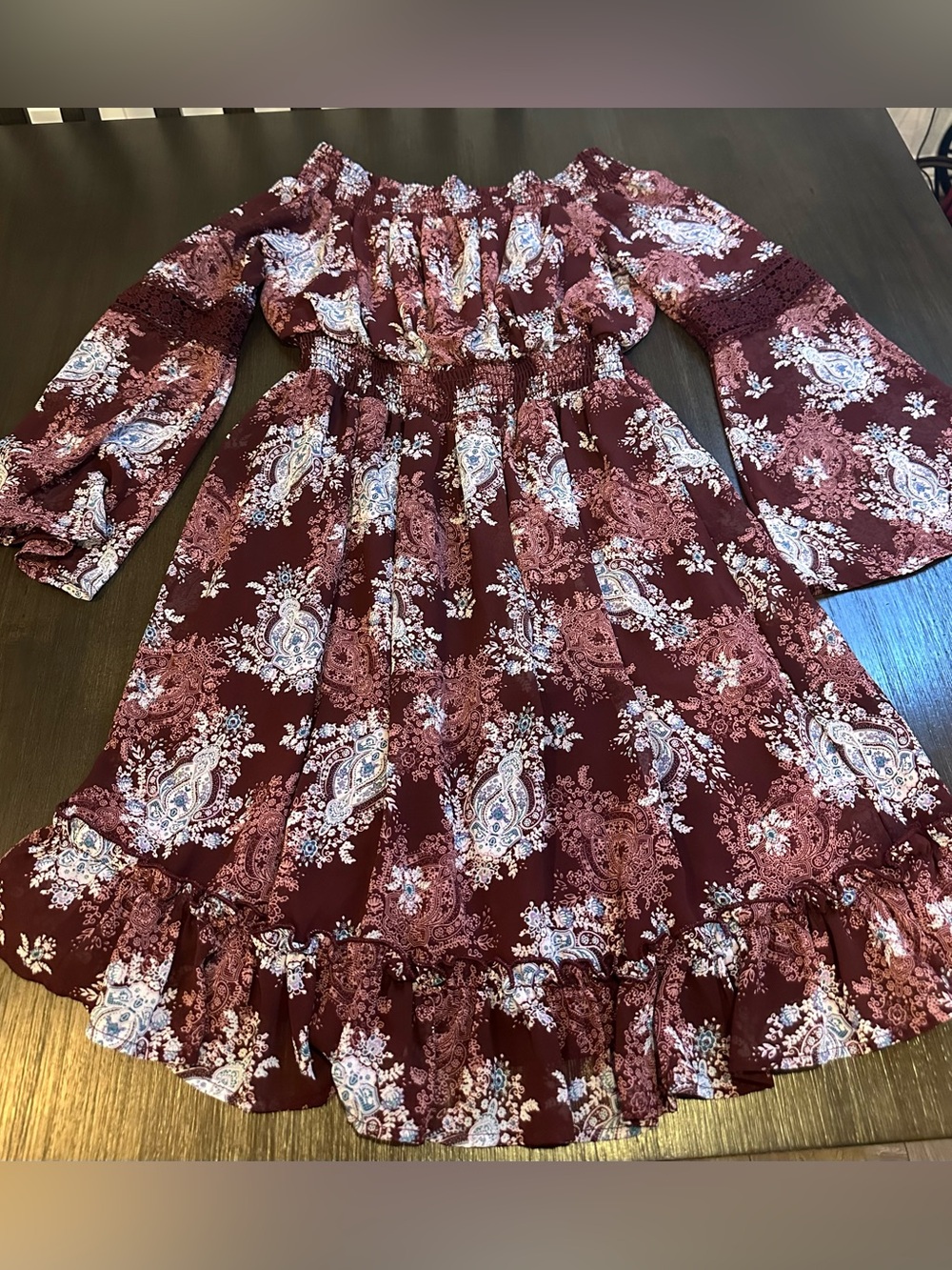 Adam Levine Collection Burgundy Paisley Ruffle Off-Shoulder Dress